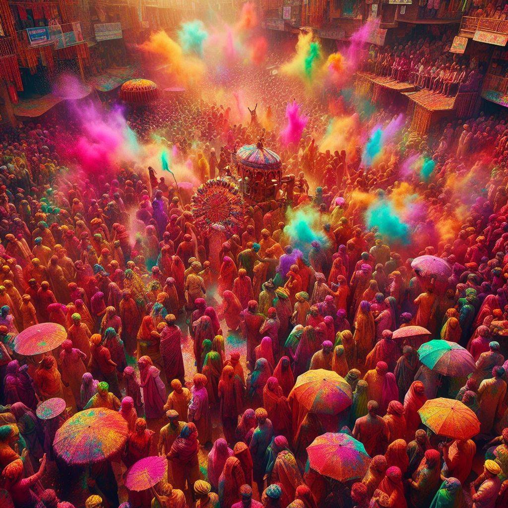 Colorful celebration of Holi festival in India with people throwing vibrant colored powders in the air.